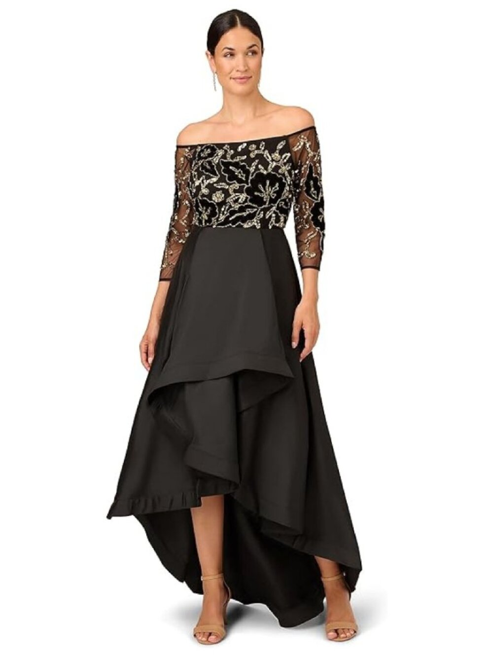 Adrianna Papell Black Hi-lo Skirt 3/4 Sleeve Formal Gown Dress 2 NWT